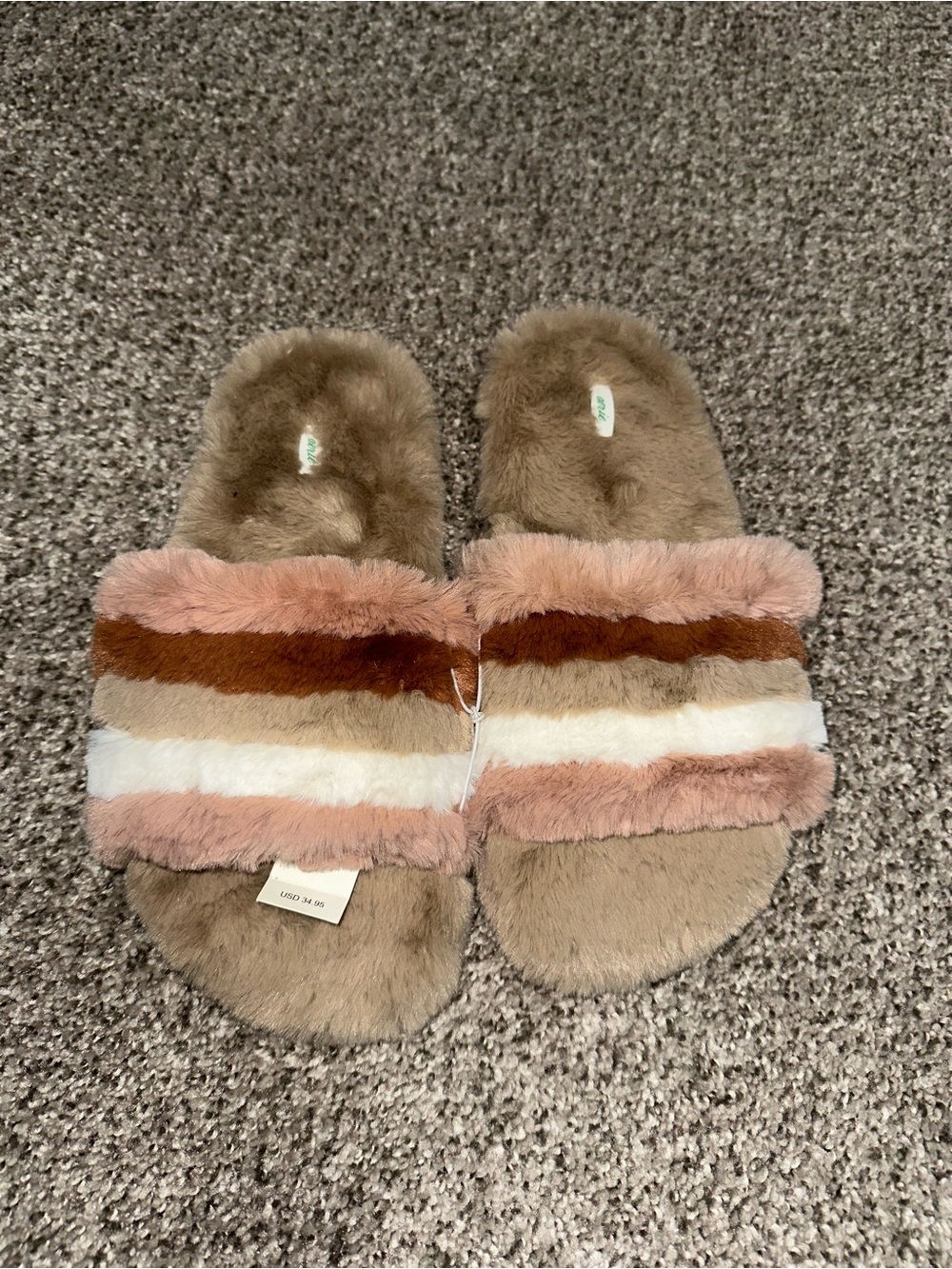 aerie Striped Faux-Fur Slide Slippers in Pink, Taupe & Cream